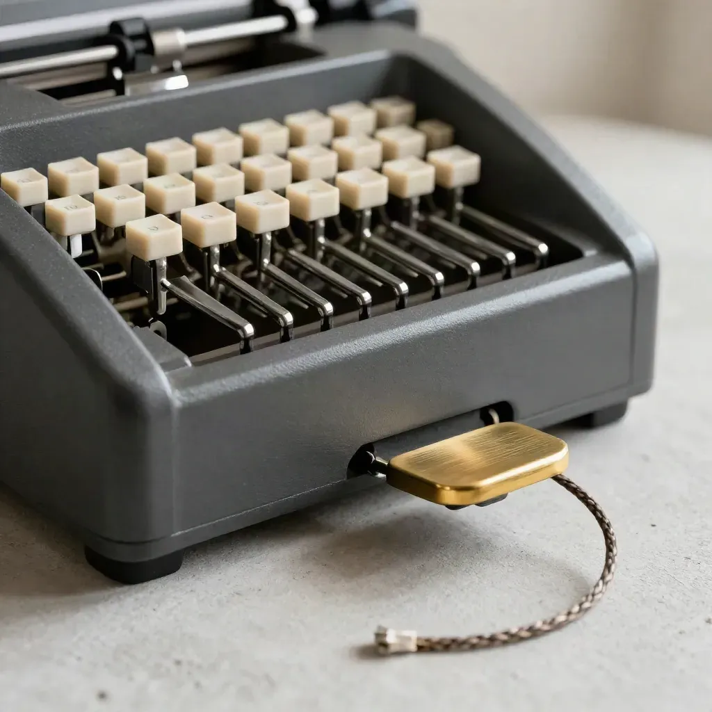 Extreme macro of a stenographer's machine with brass pedal and white keys