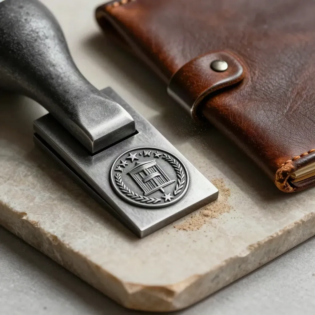 Courthouse embossing die, leather folder clasp, and metal clip on stone in dramatic top-down light
