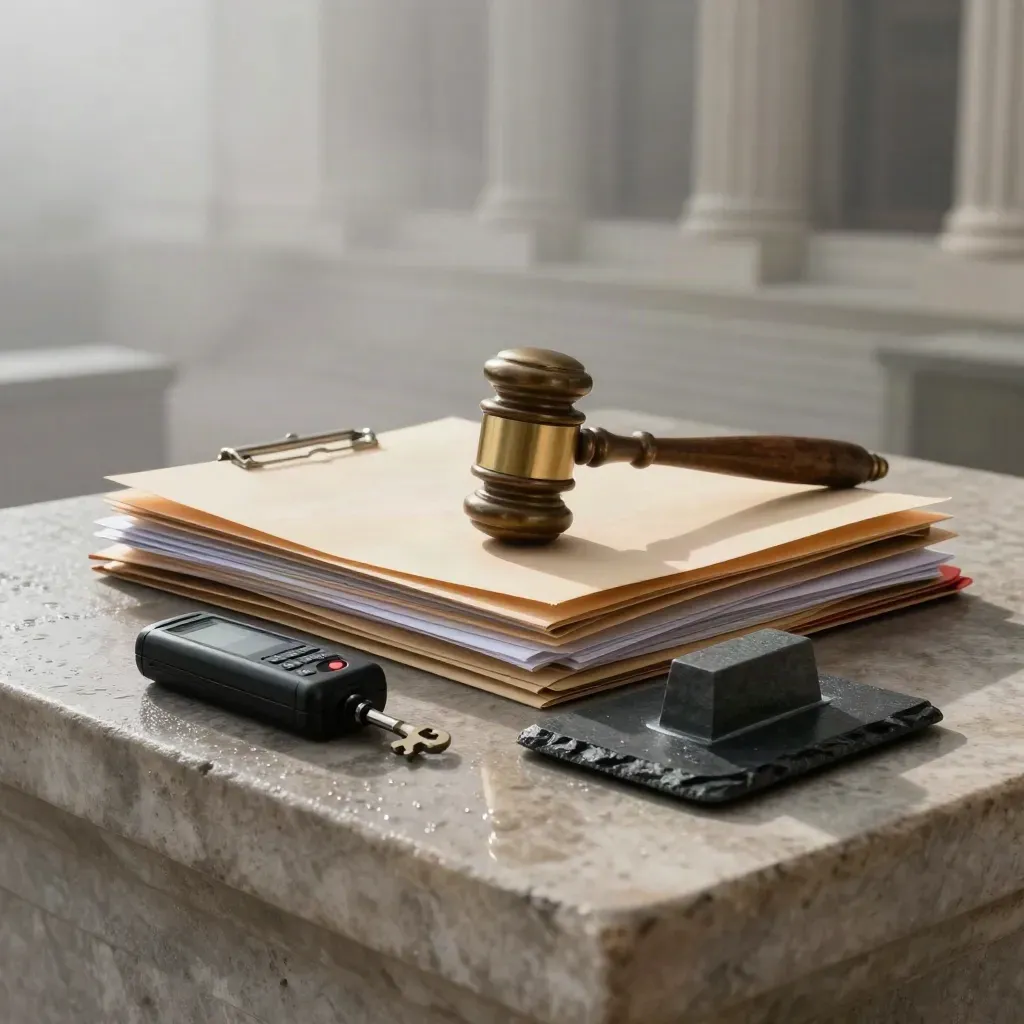 Brass gavel, recorder, case folders and slate paperweight on damp courthouse stone at dawn