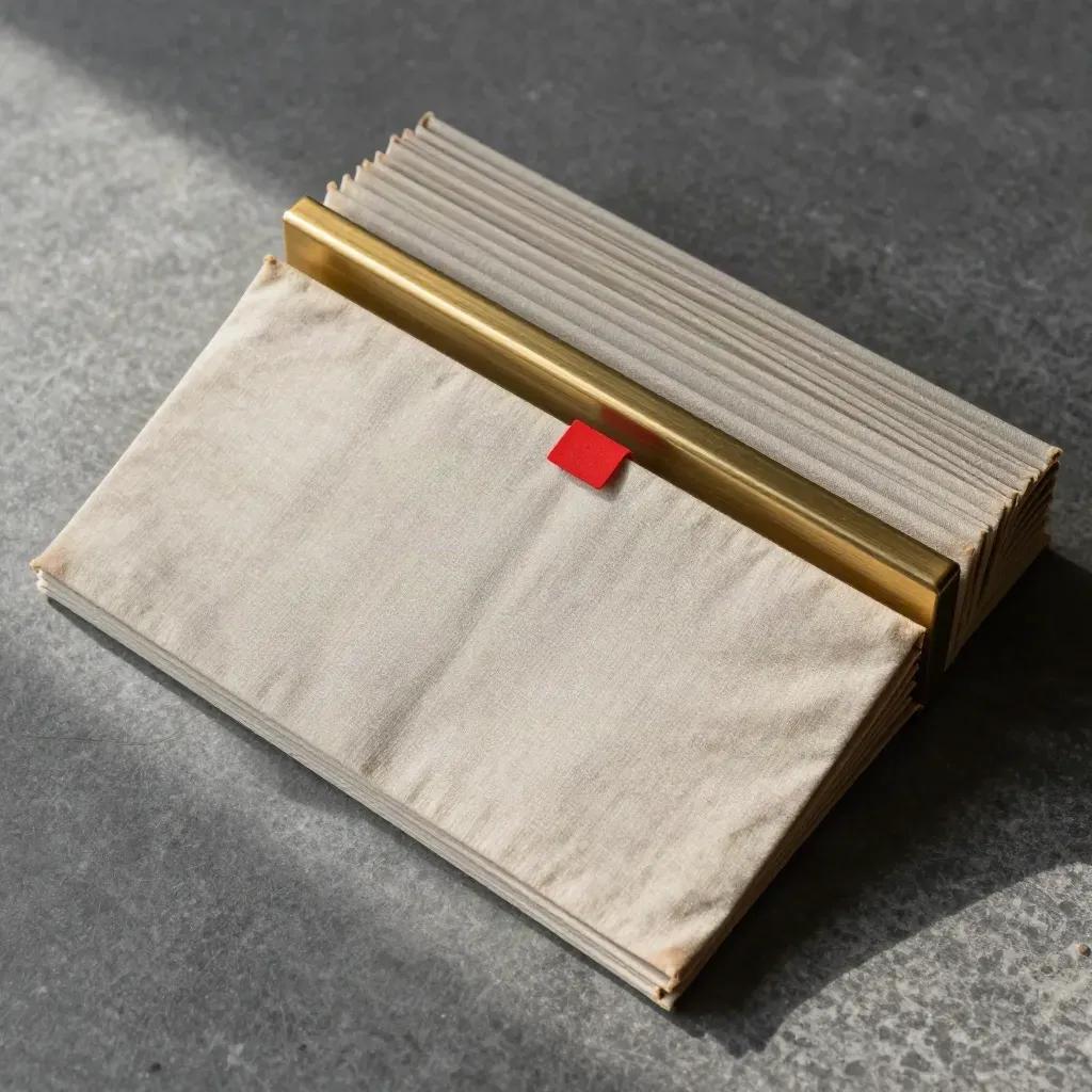 Overhead archival case box with brass rail, blank tabs, and linen sleeves on stone.