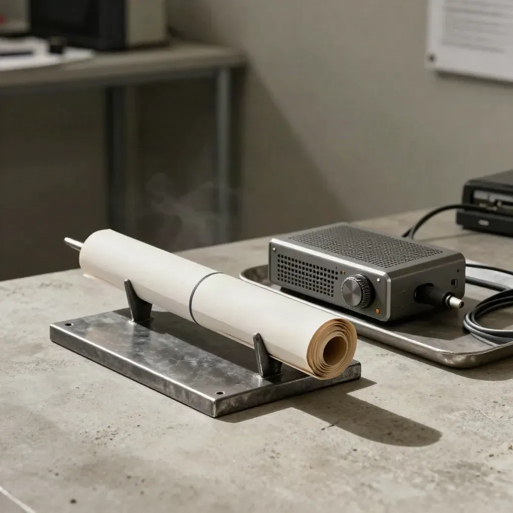 Newsroom spike, wire dispatch bundle, and desktop recorder on concrete in dramatic side light