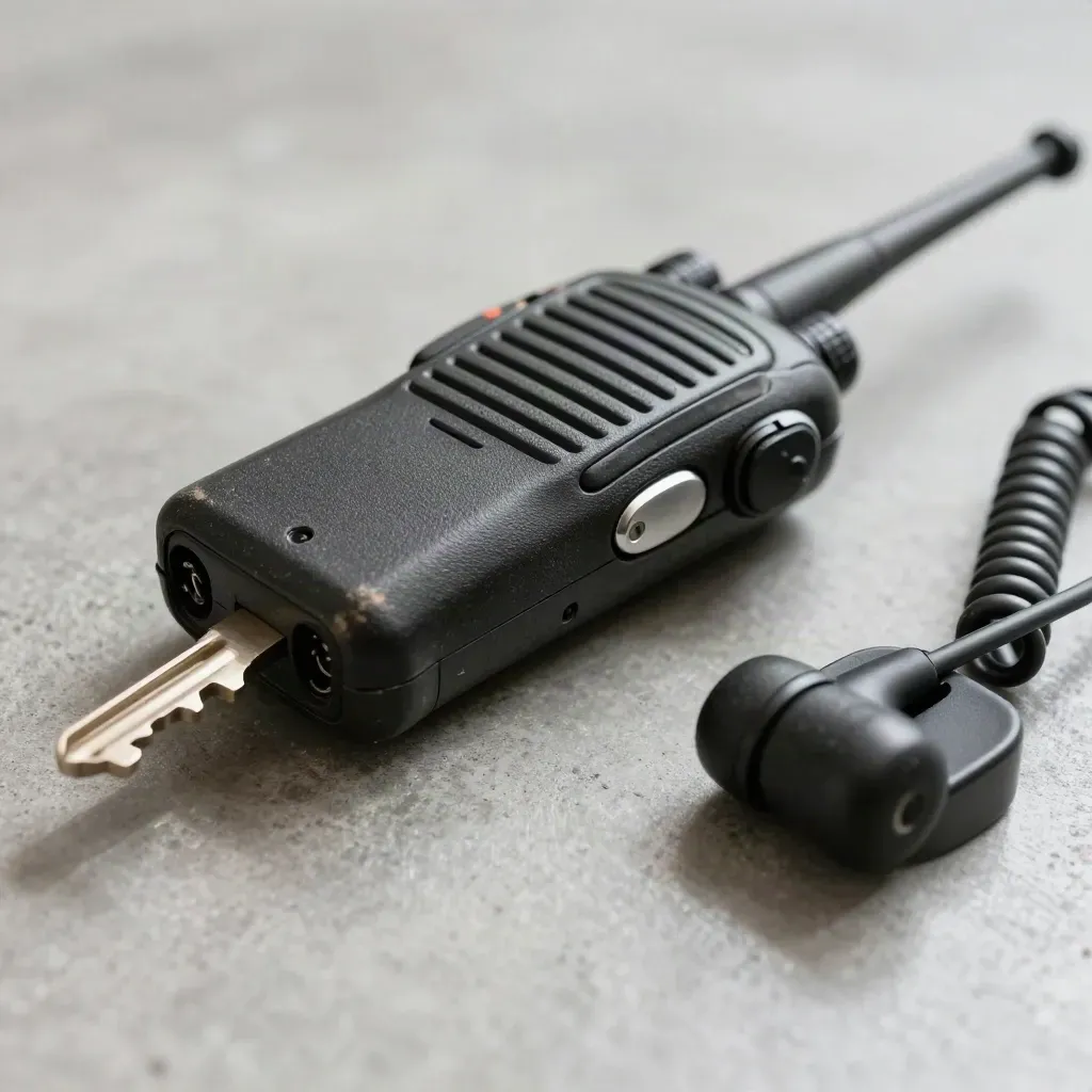 Macro of a police scanner radio with coiled earpiece cable on brushed concrete.