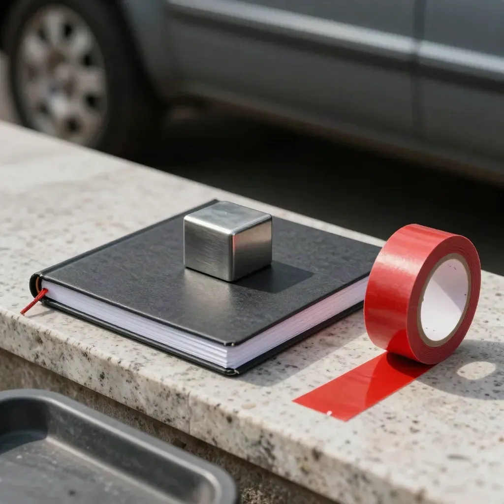 Notebook, metal paperweight, and evidence tape on travertine with dramatic shadow