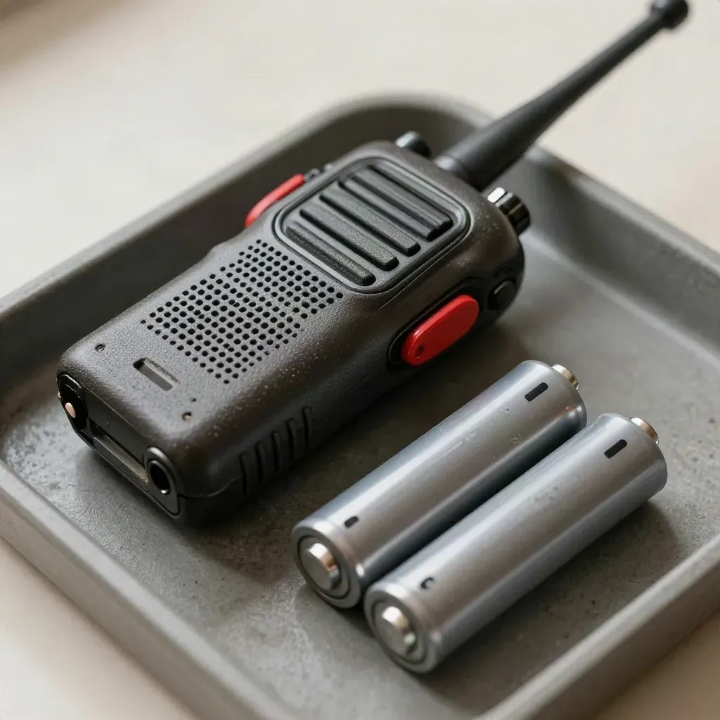 Extreme macro of a police radio receiver with two spare batteries on graphite concrete.