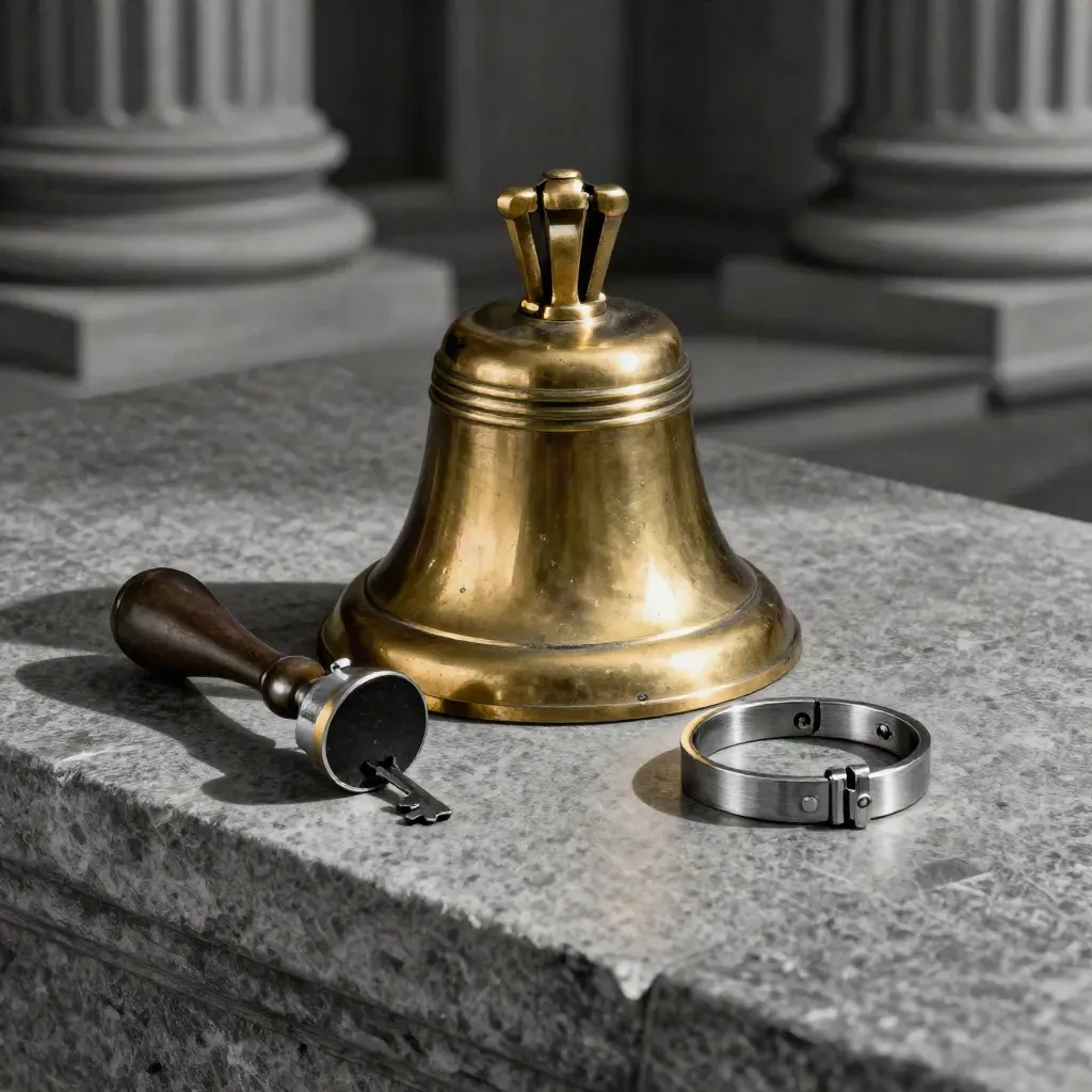 Brass courtroom bell, stamping tool, and metal tabbed ring on slate