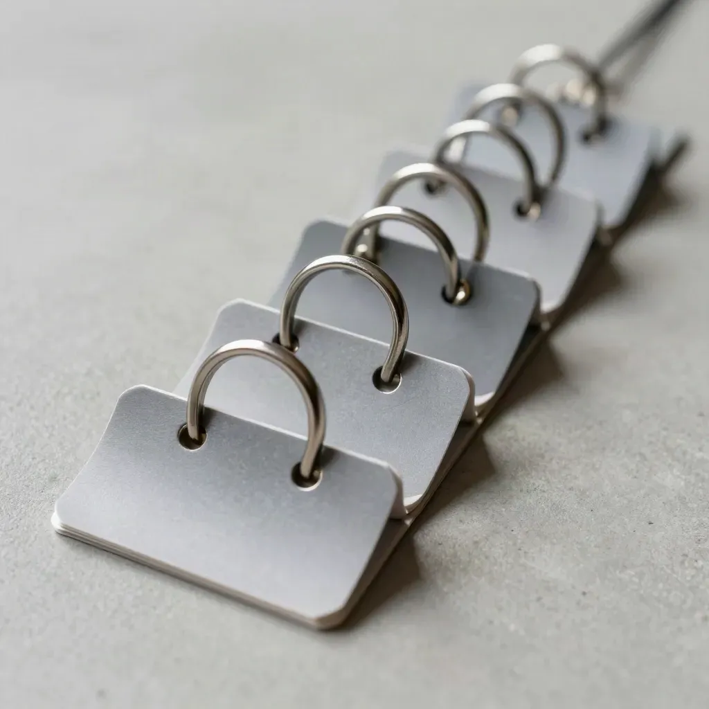 Overhead macro of blank archival tabs and interlocked rings on cool stone.