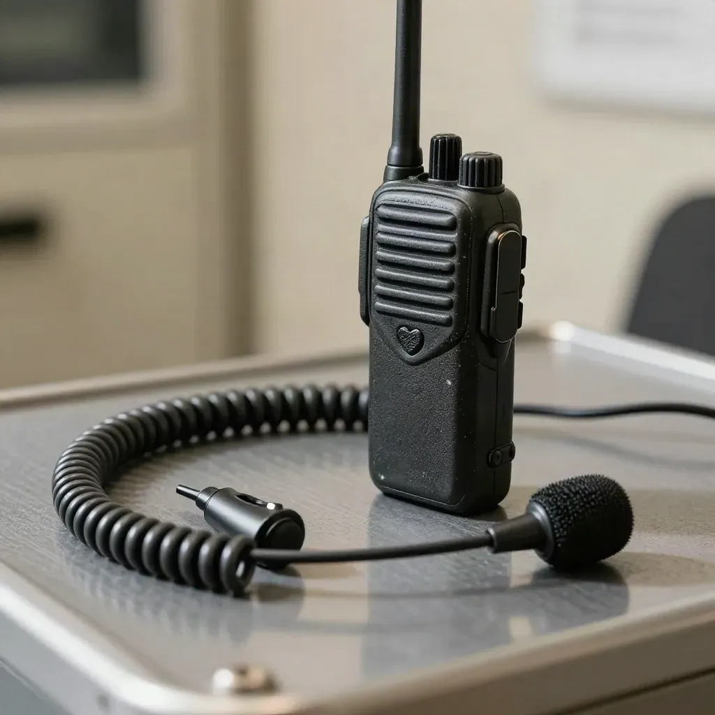 Macro still life of a police radio with coiled earpiece cable and speaker mic on a pewter surface.