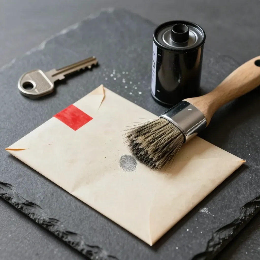 Fingerprint brush, sealed evidence envelope, and film canister on graphite stone.