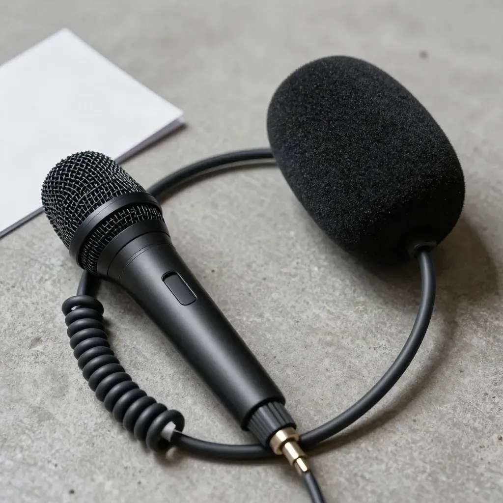 Top-down macro of a shotgun mic, coiled cable, and foam windscreen on concrete