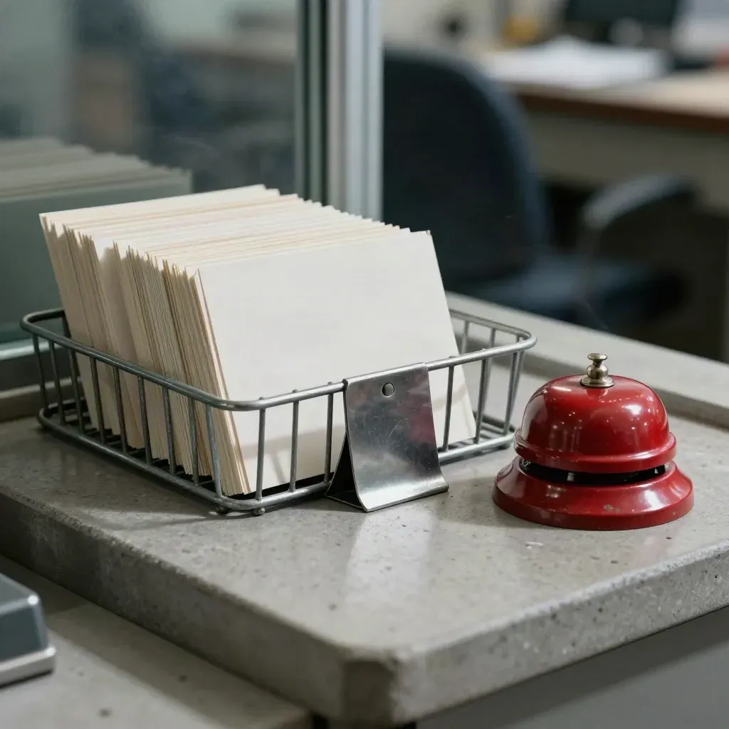 Wire inbox tray, copy spike, and red desk bell in a dim newsroom still life.