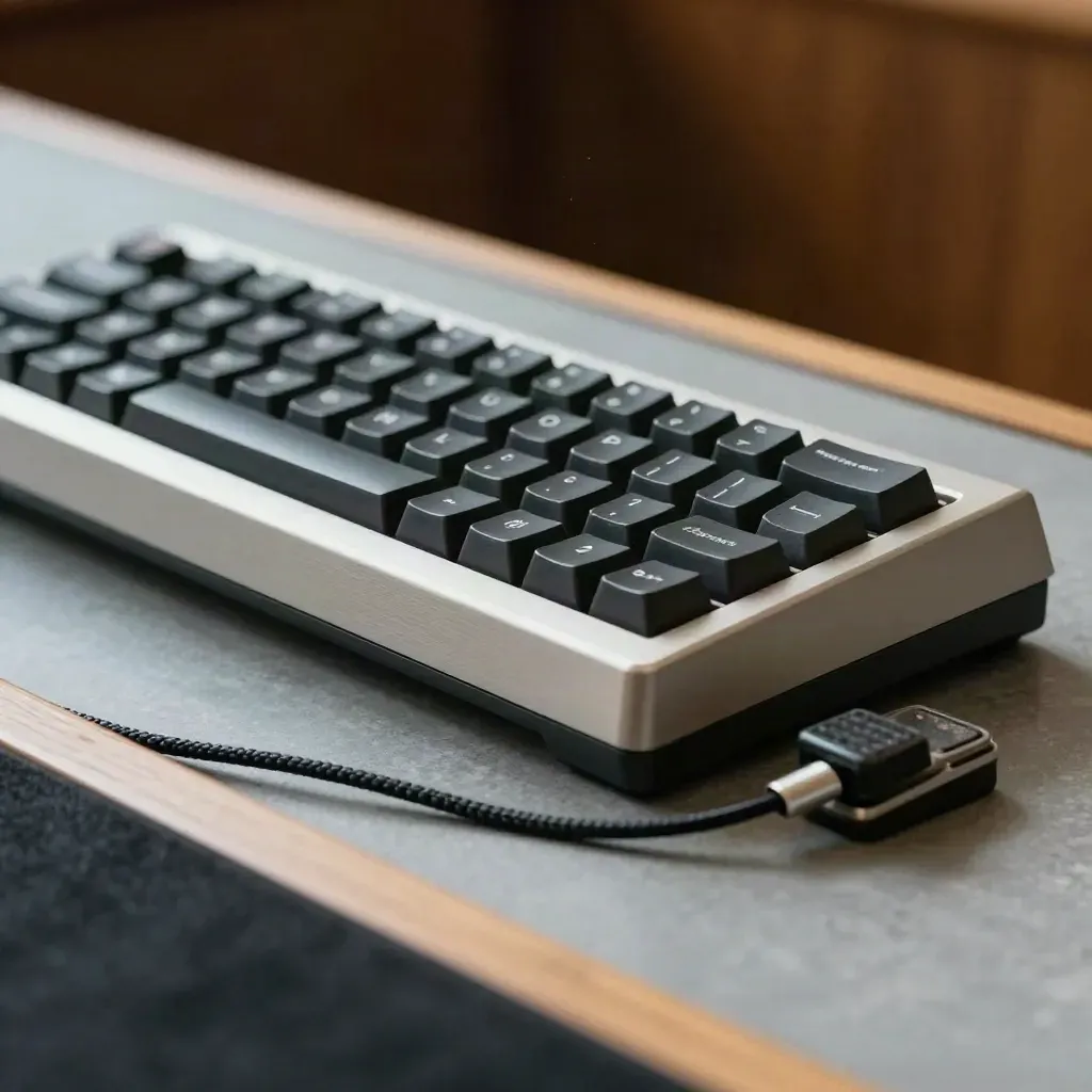 Macro of stenography keybed, foot pedal, and braided headset cable on a courtroom surface.