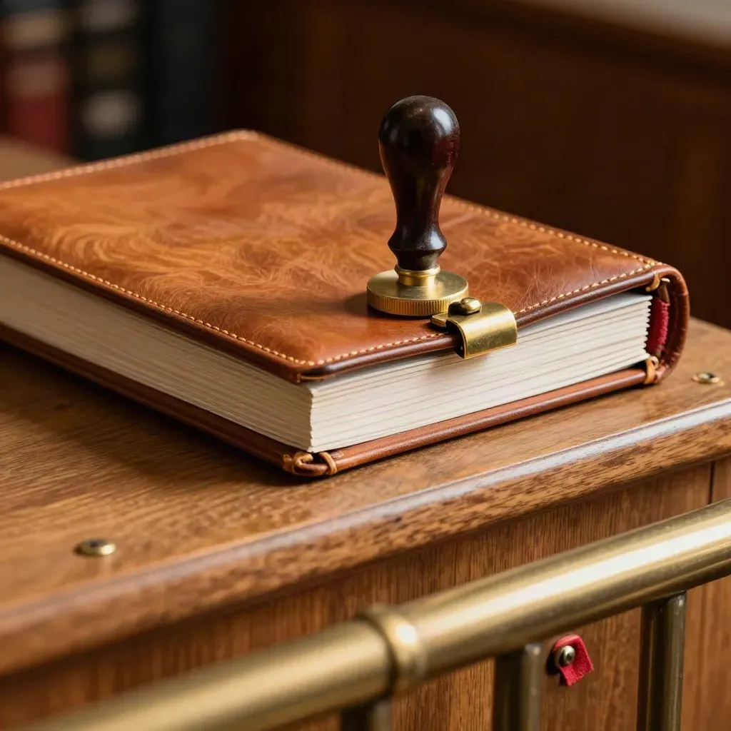 Leather casebook, brass clasp, and notary seal stamp on an oak courthouse ledge.