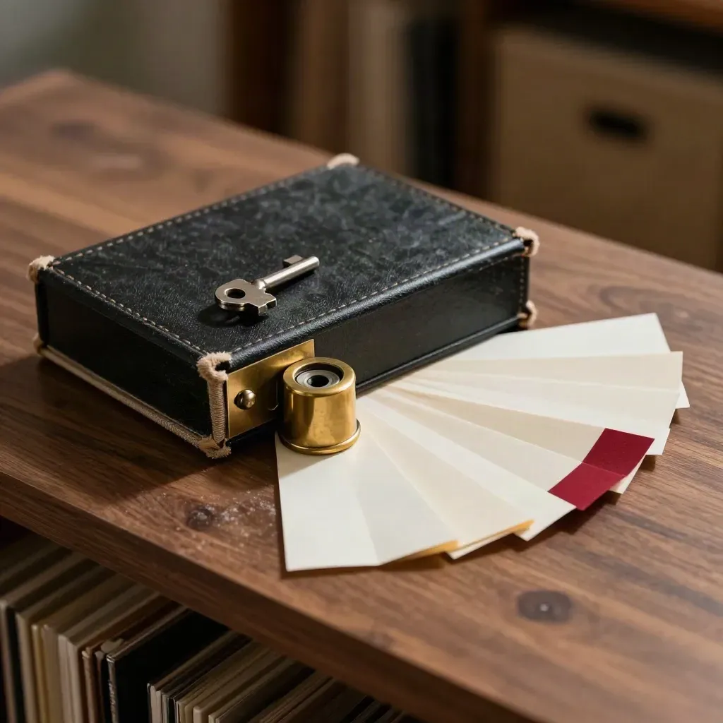 Closed case binder, brass paperweight, and archival tabs on a walnut shelf