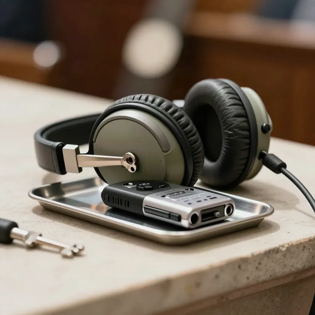 Macro of headset, audio recorder, and steel clip tray on pale stone with courthouse bokeh.