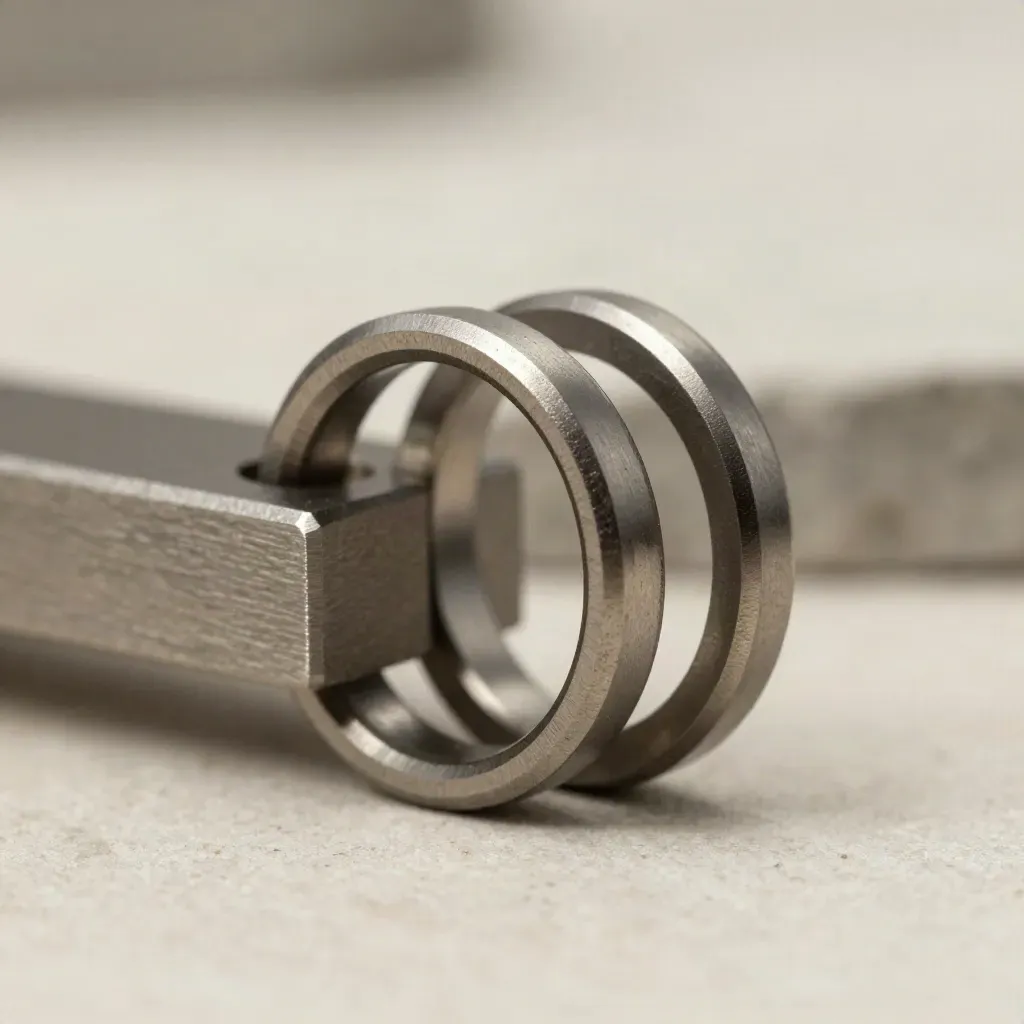 Macro of interlocking metal rings and a connector block on pale stone.