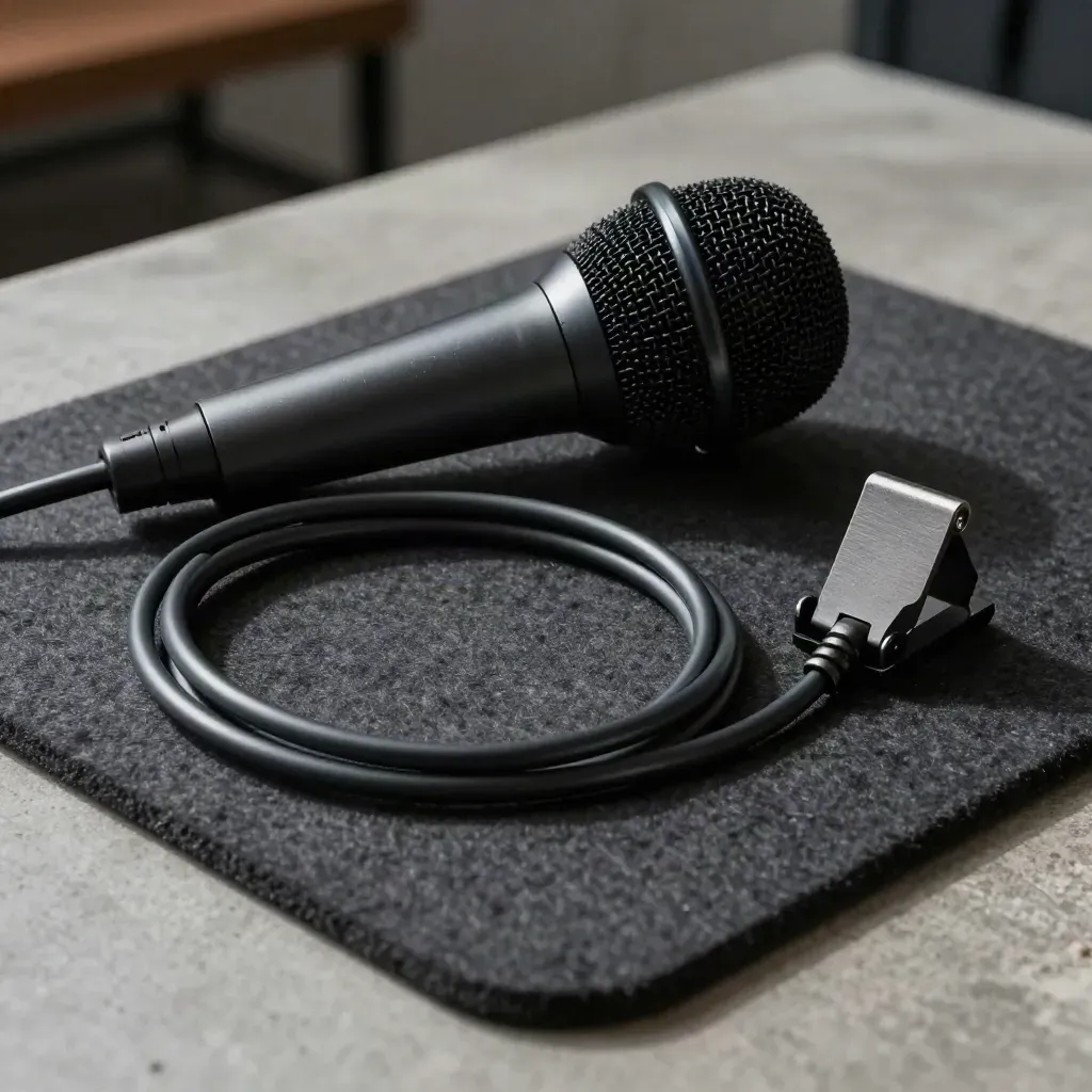 Top-down audio kit with mic windscreen, coiled cable, and cold-shoe mount on charcoal felt