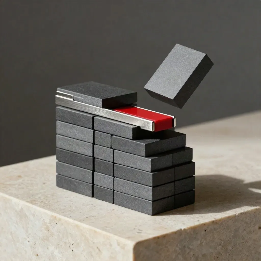 Graphite blocks, crimson spacer, and steel shim in a dramatic studio still life