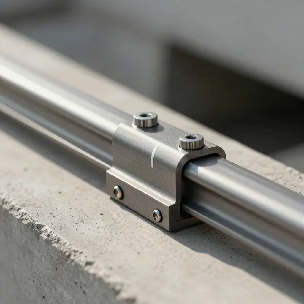 Close-up of locking rails, a modular bracket, and twin pins on concrete under raking light.