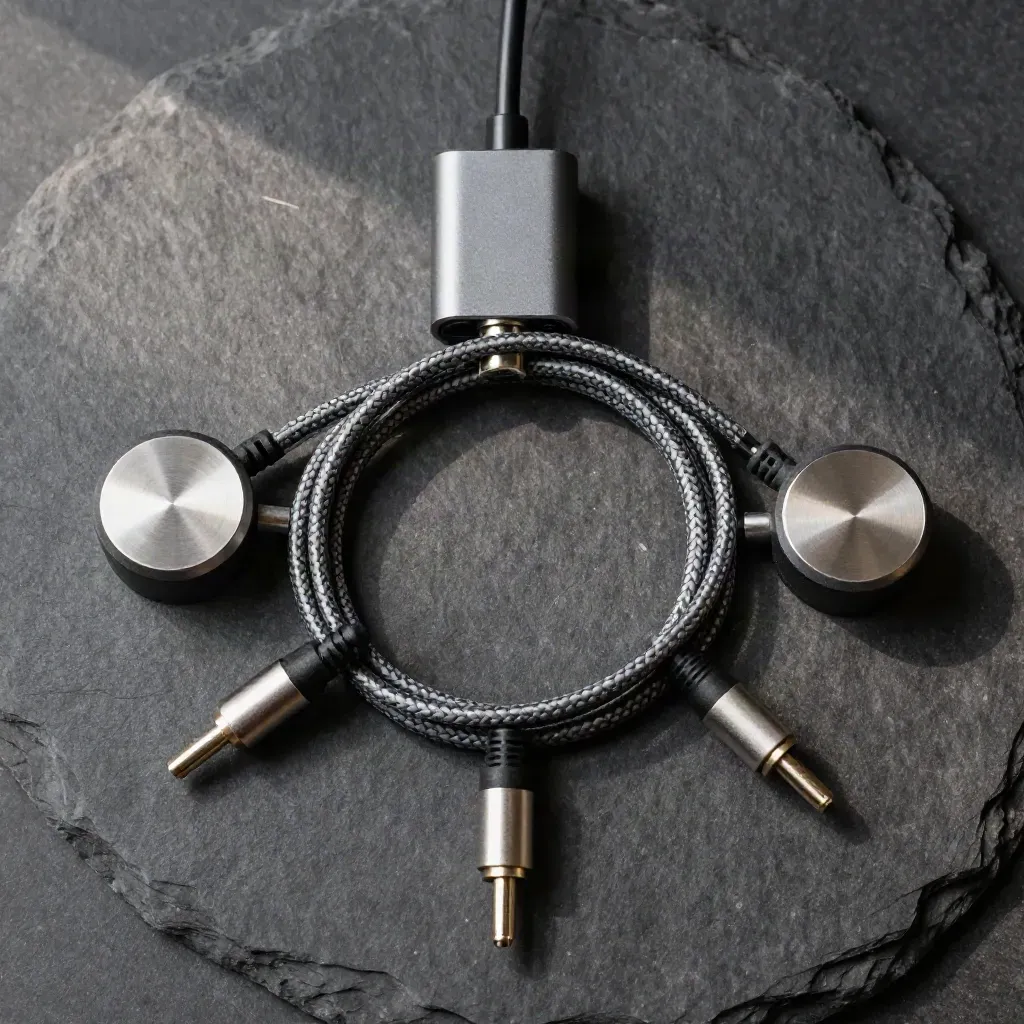 Overhead still life of an audio hub, coiled cable, and connector caps on charcoal slate.