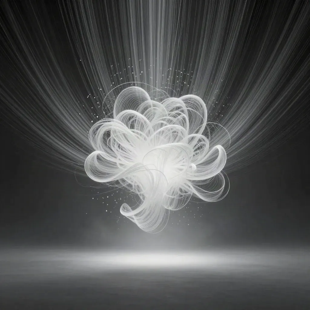 Silver light filaments converge into a white bloom in dark graphite haze.